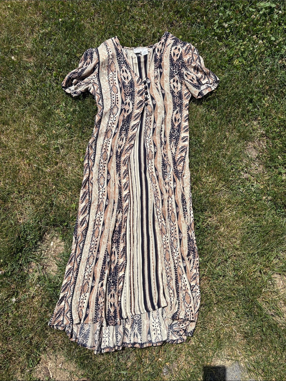 Striped & Geometric Maxi Dress in Beige and Black